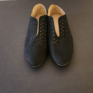 Never worn Black pointed toe hollow oval cut out print flats